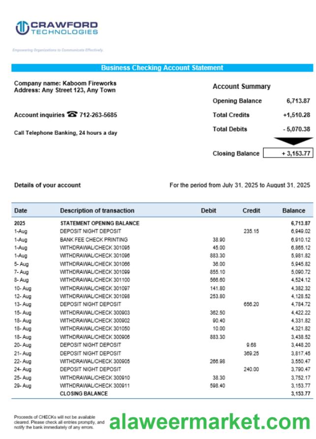 Crawford Technologies business firm account statement Word snd PDF format